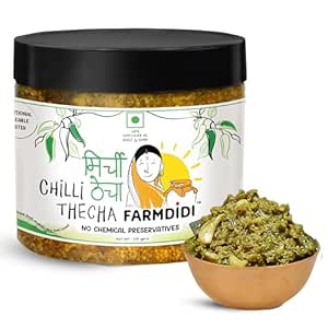 FarmDidi Spicy Green Chilli Thecha 325g in Fresh | Homemade Sun-Dried Hari Mirch ka Thecha | Made with Sunflower Oil | Ghar Ka Bana Spicy Mirchi Thecha | No Chemical Preservatives
