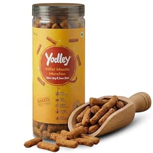 Yodley Millet Masala Munchies - Tangy Achari Flavour | Baked, Not Fried | No Maida, No Palm Oil | Zero Cholesterol | Zero Trans Fat & High In Fiber | Calcium & Iron Rich | Healthy Indian Snack - 150gm