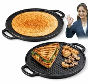 PANCA Pre-Seasoned Cast Iron Dosa Tawa 30 cm | Heavy Roti/Chapati Tawa for Gas & Induction | Chemical-Free, Naturally Non-Stick Pan (2 in 1 Grill Tawa)