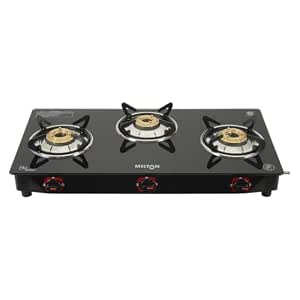 MILTON Premium 3 Burner Black Manual Ignition Glass Top Gas Stove, (ISI Certified)
