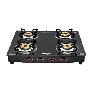 MILTON Premium 4 Burner Black Manual Ignition Glass Top Gas Stove, (ISI Certified)
